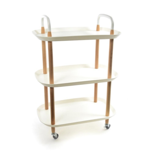 CARRELLO 3 RIPIANI STRUTTURA IN LEGNO PIANI IN PLASTICA BIANCA RESISTENTE CON RUOTE PER SPOSTAMENTO - H.82 X 57 X 36 CM OKX