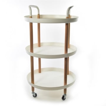 CARRELLO 3 RIPIANI STRUTTURA IN LEGNO PIANI IN PLASTICA BIANCA TONDI RESISTENTE CON RUOTE PER SPOSTAMENTO -  H.82 X 48 X 48 CM OKX