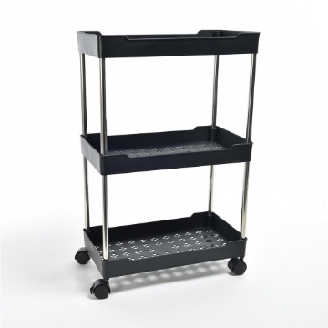 CARRELLO 3 RIPIANI STRUTTURA IN METALLO 3 PIANI IN PLASTICA NERA RESISTENTE CON RUOTE PER SPOSTAMENTO - H.64 X 40 X 22 CM OKX
