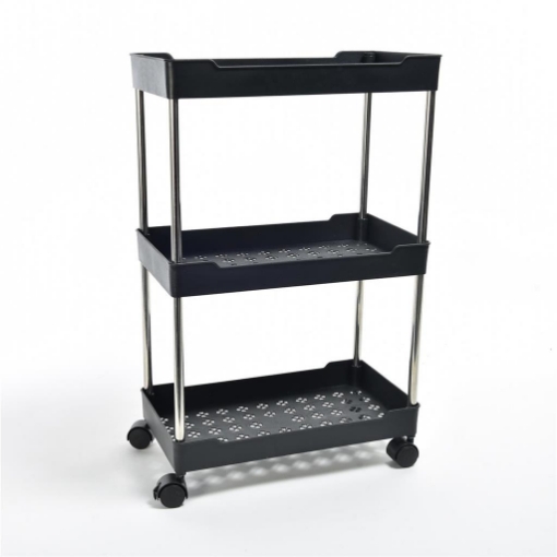 CARRELLO 3 RIPIANI STRUTTURA IN METALLO 3 PIANI IN PLASTICA NERA RESISTENTE CON RUOTE PER SPOSTAMENTO - H.64 X 40 X 22 CM OKX