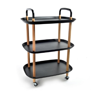 CARRELLO 3 RIPIANI STRUTTURA IN LEGNO 3 PIANI IN PLASTICA NERA RESISTENTE CON RUOTE PER SPOSTAMENTO - H.82 X 57 X 36 CM OKX
