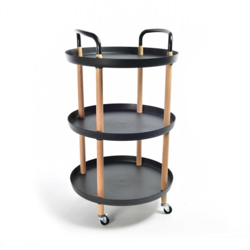 CARRELLO 3 RIPIANI STRUTTURA IN LEGNO 3 PIANI IN PLASTICA NERA TONDI RESISTENTE CON RUOTE PER SPOSTAMENTO - H.82 X 48 X 48 CM OKX