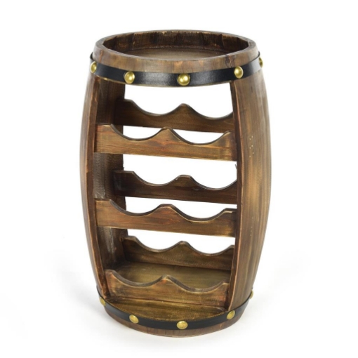 CANTINETTA IN LEGNO A FORMA DI BOTTE CAPIENZA 6 BOTTIGLIE DA ARREDO COLOR LEGNO SCURO RIFINITURE MARRONI -   23 X 27 X H.39 CM VERTICALE OKX