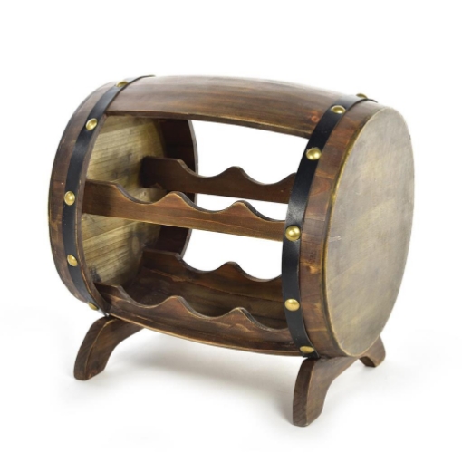 CANTINETTA IN LEGNO A FORMA DI BOTTE CON PIEDINI CAPIENZA 6 BOTTIGLIE DA ARREDO COLOR LEGNO SCURO RIFINITURE MARRONI -  34.5 X 29 X H.35 CM ORIZZONTALE OKX