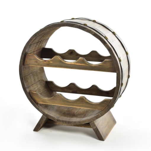 CANTINETTA IN LEGNO A FORMA DI BOTTE CON PIEDINI CAPIENZA 6 BOTTIGLIE DA ARREDO COLOR LEGNO SCURO RIFINITURE MARRONI -  35 X 18 X H.38 CM OKX