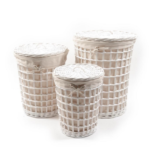 SET 3 CESTE TONDE PORTABIANCHERIA IN VIMINI BIANCO EFFETTO RETE CON COPERCHIO E FIOCCO, INTERNO IN TESSUTTO BEIGE  OKX