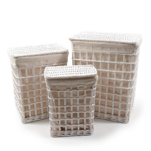 SET 3 CESTE RETTANGOLARI PORTABIANCHERIA IN VIMINI BIANCO EFFETTO RETE CON COPERCHIO, INTERNO IN TESSUTTO BEIGE  OKX