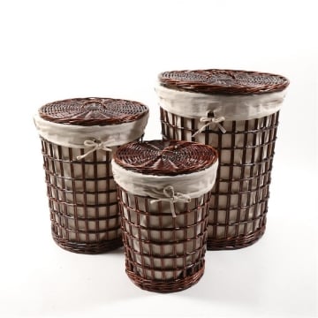 SET 3 CESTE TONDE PORTABIANCHERIA IN VIMINI MARRONE EFFETTO RETE CON COPERCHIO E FIOCCO, INTERNO IN TESSUTTO BEIGE OKX
