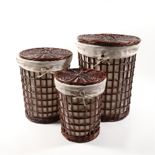 SET 3 CESTE TONDE PORTABIANCHERIA IN VIMINI MARRONE EFFETTO RETE CON COPERCHIO E FIOCCO, INTERNO IN TESSUTTO BEIGE OKX