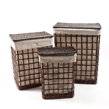 SET 3 CESTE RETTANGOLARI PORTABIANCHERIA IN VIMINI MARRONE EFFETTO RETE CON COPERCHIO, INTERNO IN TESSUTTO BEIGE OKX