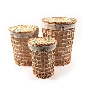 SET 3 CESTE TONDE PORTABIANCHERIA IN VIMINI  EFFETTO RETE CON COPERCHIO E FIOCCO , INTERNO IN TESSUTTO BEIGE- Ø 45 X H.56 CM / Ø 37 X H.47 CM / Ø 30 X H.39 CM OKX