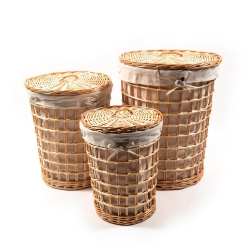 SET 3 CESTE TONDE PORTABIANCHERIA IN VIMINI  EFFETTO RETE CON COPERCHIO E FIOCCO , INTERNO IN TESSUTTO BEIGE- Ø 45 X H.56 CM / Ø 37 X H.47 CM / Ø 30 X H.39 CM OKX