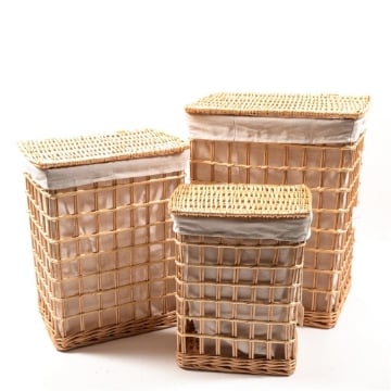 SET 3 CESTE RETTANGOLARI PORTABIANCHERIA IN VIMINI  EFFETTO RETE CON COPERCHIO, INTERNO IN TESSUTTO BEIGE OKX