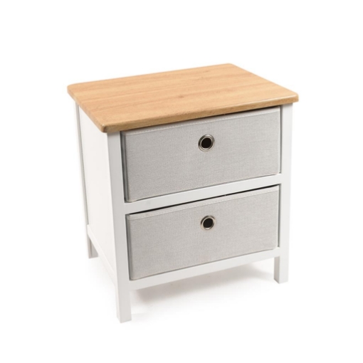 MOBILETTO DA ARREDO 2 CASSETTI IN LEGNO BIANCO CON CASSETTI IN TESSUTO GRIGIO CHIARO DI DESIGN, ASSEMBLAGGIO SENZA ATTREZZI - H.43 X 41 X 32CM OKX