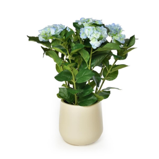 FIORE ORTENSIA ARTIFICIALE COLORE BLU CANGIANTE DA ARREDO IN POLIESTERE EFFETTO REAL TOUCH CON VASO IN PLASTICA  -  Ø .22 X H.64 CM OKX 