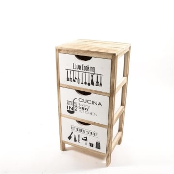 MOBILETTO DA ARREDO CUCINA CON STRUTTURA IN LEGNO CHIARO CON 3 CASSETTI BIANCHI E SCRITTE DISEGNI -  H.61 X 30 X 24 CM OKX