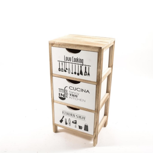 MOBILETTO DA ARREDO CUCINA CON STRUTTURA IN LEGNO CHIARO CON 3 CASSETTI BIANCHI E SCRITTE DISEGNI -  H.61 X 30 X 24 CM OKX