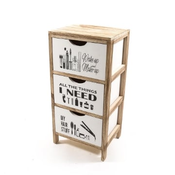MOBILETTO DA ARREDO BAGNO CON STRUTTURA IN LEGNO CHIARO CON 3 CASSETTI BIANCHI E SCRITTE DISEGNI - H.61 X 30 X 24 CM OKX