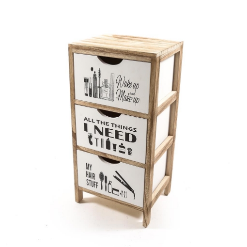 MOBILETTO DA ARREDO BAGNO CON STRUTTURA IN LEGNO CHIARO CON 3 CASSETTI BIANCHI E SCRITTE DISEGNI - H.61 X 30 X 24 CM OKX