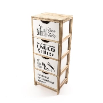 MOBILETTO DA ARREDO BAGNO CON STRUTTURA IN LEGNO CHIARO CON 4 CASSETTI BIANCHI E SCRITTE DISEGNI - H.79 X 30 X 24 CM OKX