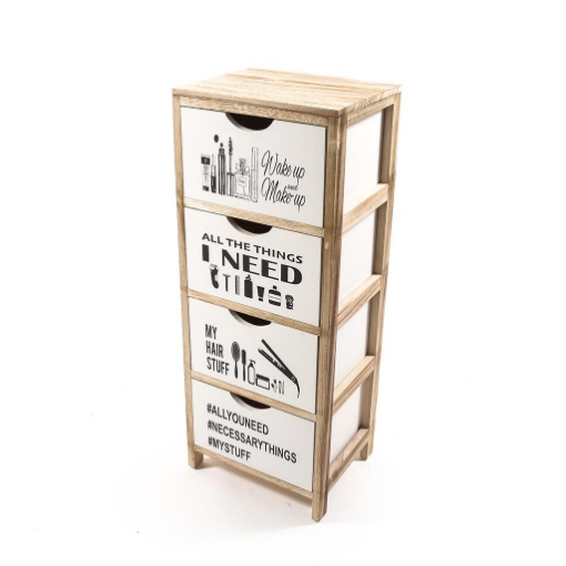 MOBILETTO DA ARREDO BAGNO CON STRUTTURA IN LEGNO CHIARO CON 4 CASSETTI BIANCHI E SCRITTE DISEGNI - H.79 X 30 X 24 CM OKX