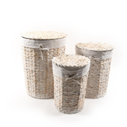 SET 3 CESTE PORTABIANCHERIA IN BANANO EFFETTO VIMINI CON COPERCHIO E FIOCCO , INTERNO IN TESSUTTO BEIGE OKX