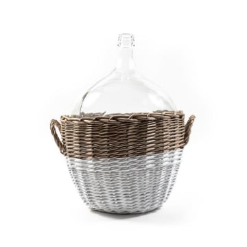 VASO A FORMA DI DAMIGIANA DA ARREDO IN VETRO LAVORATO CON CESTINO IN VIMINI BICOLORE CON 2 MANICI - H.54 X 45 X 40 CM OKX