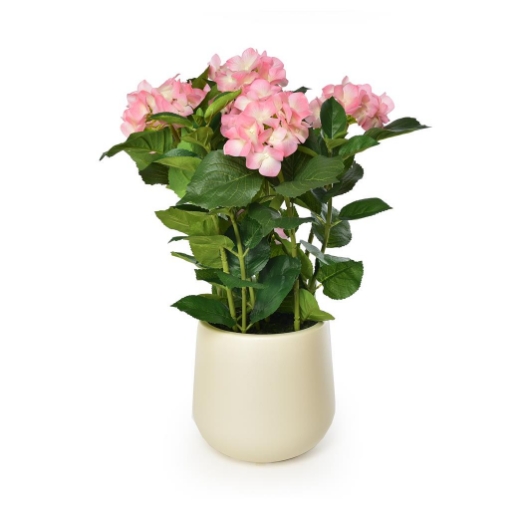 FIORE ORTENSIA ARTIFICIALE COLORE ROSA DA ARREDO IN POLIESTERE EFFETTO REAL TOUCH CON VASO IN PLASTICA  -  Ø 22 X H.64 CM OKX