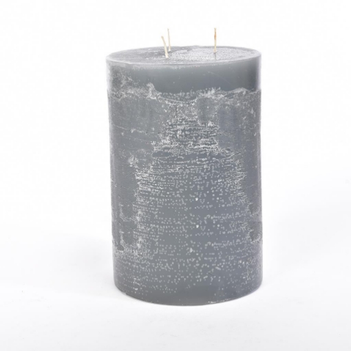 CANDELA PILLAR RUSTIC PROFUMATA COLORE GRIGIA CON 3 FIAMME DIMENSIONI  H CM 25 X D CM 15 OKX