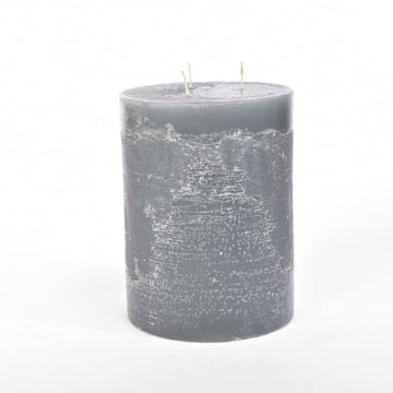 CANDELA PILLAR RUSTIC PROFUMATA COLORE GRIGIA CON 3 FIAMME DIMENSIONI   H CM 20 X D CM 15 OKX