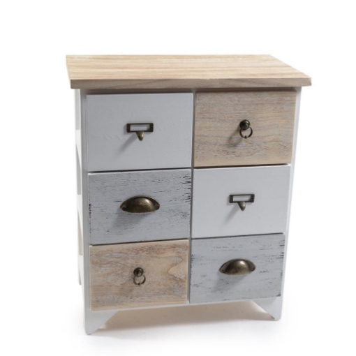 MOBILE DA ARREDO IN LEGNO E 6 CASSETTI COLORATI DI DESIGN CON MANIGLIE DI VARIO STILE DIMENSIONI 48 X 28 X H.57 CM OKX