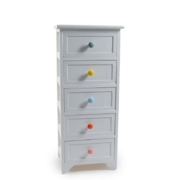 MOBILE DA ARREDO IN LEGNO BIANCO E 5 CASSETTI CON POMOLI IN CERAMICA COLORATI DIMENSIONI 36 X 28 X H.85 CM OKX