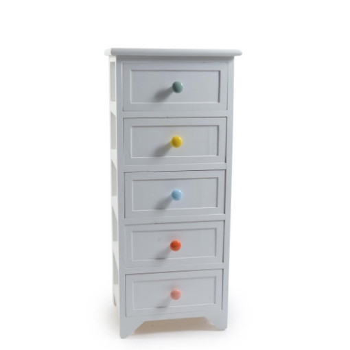 MOBILE DA ARREDO IN LEGNO BIANCO E 5 CASSETTI CON POMOLI IN CERAMICA COLORATI DIMENSIONI 36 X 28 X H.85 CM OKX