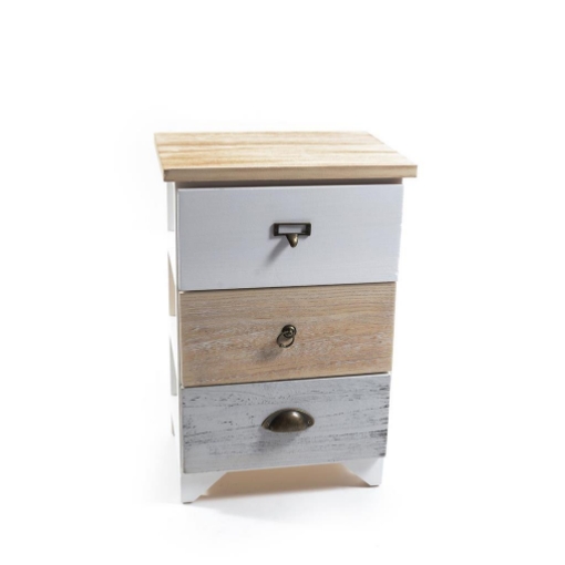 MOBILE DA ARREDO IN LEGNO E 3 CASSETTI COLORATI DI DESIGN CON MANIGLIE DI VARIO STILE DIMENZIONI 36 X 28 X H.54 CM OKX