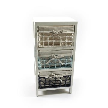 MOBILETTO DA ARREDO CON STRUTTURA IN LEGNO BIANCO, 3 CASSETTI INTRECCIATI EFFETTO UNCINETTO INTERNO IN TESSUTO CON FIOCCO -30 X 24 X 61 CM OKX