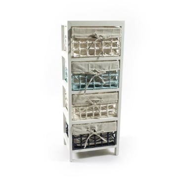 MOBILETTO DA ARREDO CON STRUTTURA IN LEGNO BIANCO, 4 CASSETTI INTRECCIATI EFFETTO UNCINETTO INTERNO IN TESSUTO CON FIOCCO- 30 X 24 X 79 CM OKX