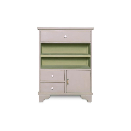 MOBILE DA ARREDO IN LEGNO CON STRUTTURA COLOR GRIGIO E VERDE PASTELLO DOTATO DI 3 CASSETTI,1 ANTA E 2 RIPIANI DI DISEGN - 74 X 34 X 98 CM OKX