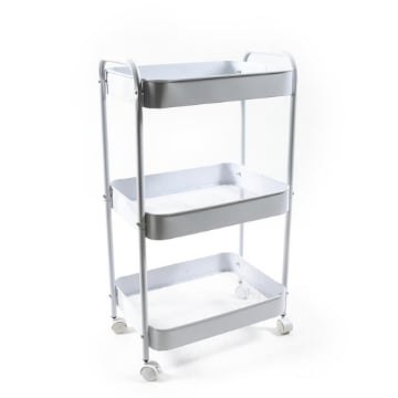 CARRELLO 3 RIPIANI STRUTTURA IN METALLO BIANCO 3 PIANI CON BASE A RETINA METALLICA RESISTENTE CON RUOTE PER SPOSTAMENTO - 45 X 30 X 78 CM OKX
