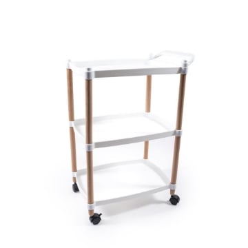 CARRELLO 3 RIPIANI STRUTTURA IN LEGNO PIANI IN PLASTICA BIANCA RESISTENTE CON RUOTE PER SPOSTAMENTO - 53 X 33 X 74 CM OKX