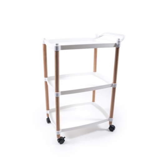 CARRELLO 3 RIPIANI STRUTTURA IN LEGNO PIANI IN PLASTICA BIANCA RESISTENTE CON RUOTE PER SPOSTAMENTO - 53 X 33 X 74 CM OKX