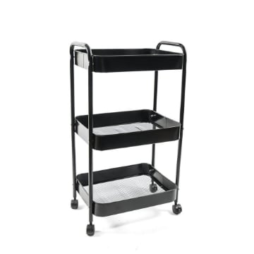 CARRELLO 3 RIPIANI STRUTTURA IN METALLO NERO 3 PIANI CON BASE A RETINA METALLICA RESISTENTE CON RUOTE PER SPOSTAMENTO - 45 X 30 X 78 CM OKX 