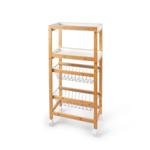 CARRELLO DA CUCINA STRUTTURA IN BAMBOO 2 RIPIANI BIANCHI E 2 CESTELLI IN METALLO CON RUOTE PER SPOSTAMENTO -  40 X 22 X H.83 CM OKX