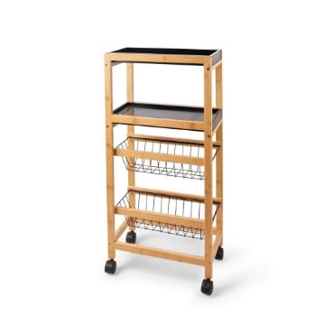 CARRELLO DA CUCINA STRUTTURA IN BAMBOO 2 RIPIANI NERI E 2 CESTELLI IN METALLO CON RUOTE PER SPOSTAMENTO -  40 X 22 X H.83 CM OKX