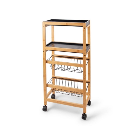 CARRELLO DA CUCINA STRUTTURA IN BAMBOO 2 RIPIANI NERI E 2 CESTELLI IN METALLO CON RUOTE PER SPOSTAMENTO -  40 X 22 X H.83 CM OKX