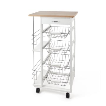 CARRELLO DA CUCINA STRUTTURA IN LEGNO BIANCO CON APPOGGIO,1 CASSETTO, 4 CESTELLI IN METALLO E 2 MENSOLE LATERALI PER SPEZIE -  47 X 37 X H.82 CM OKX