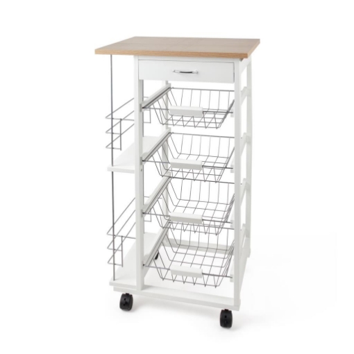 CARRELLO DA CUCINA STRUTTURA IN LEGNO BIANCO CON APPOGGIO,1 CASSETTO, 4 CESTELLI IN METALLO E 2 MENSOLE LATERALI PER SPEZIE -  47 X 37 X H.82 CM OKX