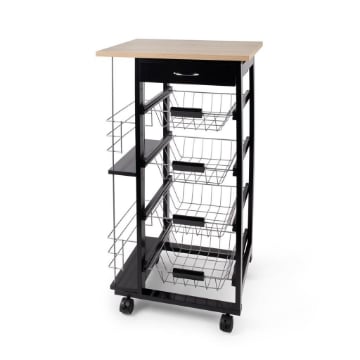 CARRELLO DA CUCINA STRUTTURA IN LEGNO NERO CON APPOGGIO,1 CASSETTO, 4 CESTELLI IN METALLO E 2 MENSOLE LATERALI PER SPEZIE -  47 X 37 X H.82 CM OKX