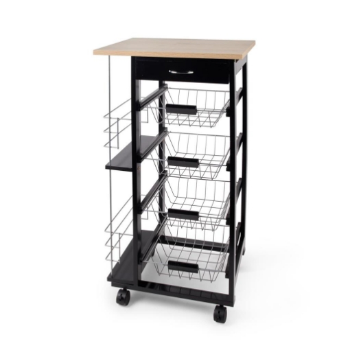 CARRELLO DA CUCINA STRUTTURA IN LEGNO NERO CON APPOGGIO,1 CASSETTO, 4 CESTELLI IN METALLO E 2 MENSOLE LATERALI PER SPEZIE -  47 X 37 X H.82 CM OKX