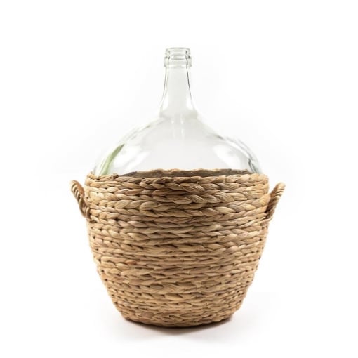 VASO A FORMA DI DAMIGIANA DA ARREDO IN VETRO LAVORATO CON CESTINO IN BANANO EFFETTO TRECCIA CON 2 MANICI - H.52 X 42 X 38 CM OKX