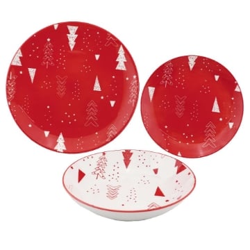 MAURY'S SERVIZIO PIATTI ''ALBERI DI NATALE'' IN CERAMICA SET DA 18PZ BIANCO E ROSSO -6 PIANI, 6 FONDI, 6 FRUTTA OKX